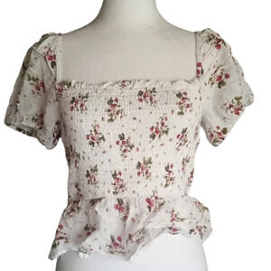 J. Crew Square Neck Smocked Cotton Voile Top in Strawberries Size Small